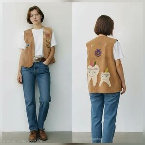 Vtg 1980s YMCA Miccosukee Indian Princess Hand Painted Leather Vest w/ Patches.